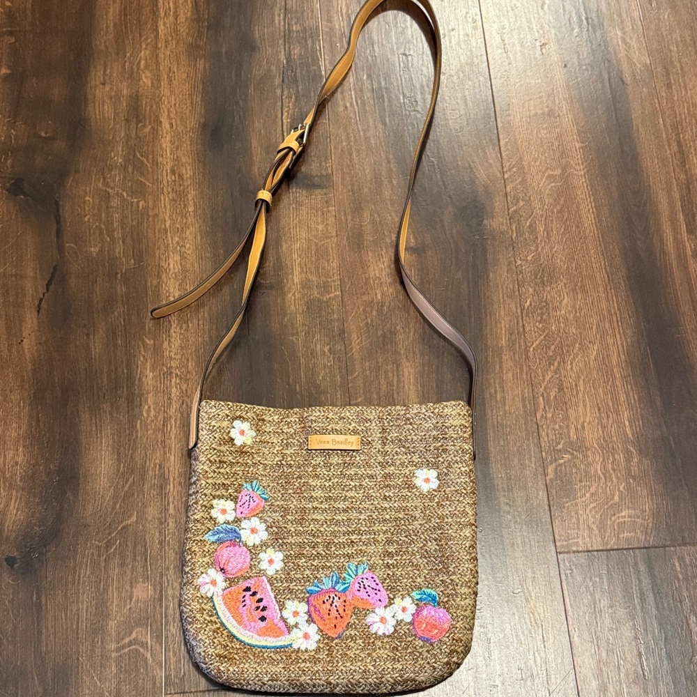 Vera Bradley Brown Straw Crossbody Bag with Pink & Blue Embroidered Fruit